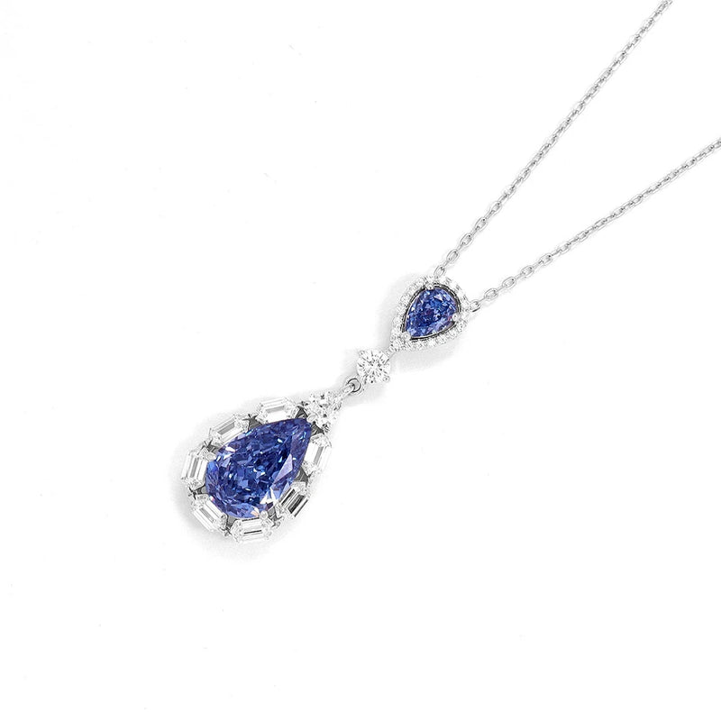 925 Sterling Silver Pear Cut Sapphire High Carbon Diamond Gemstone Pendant Necklace