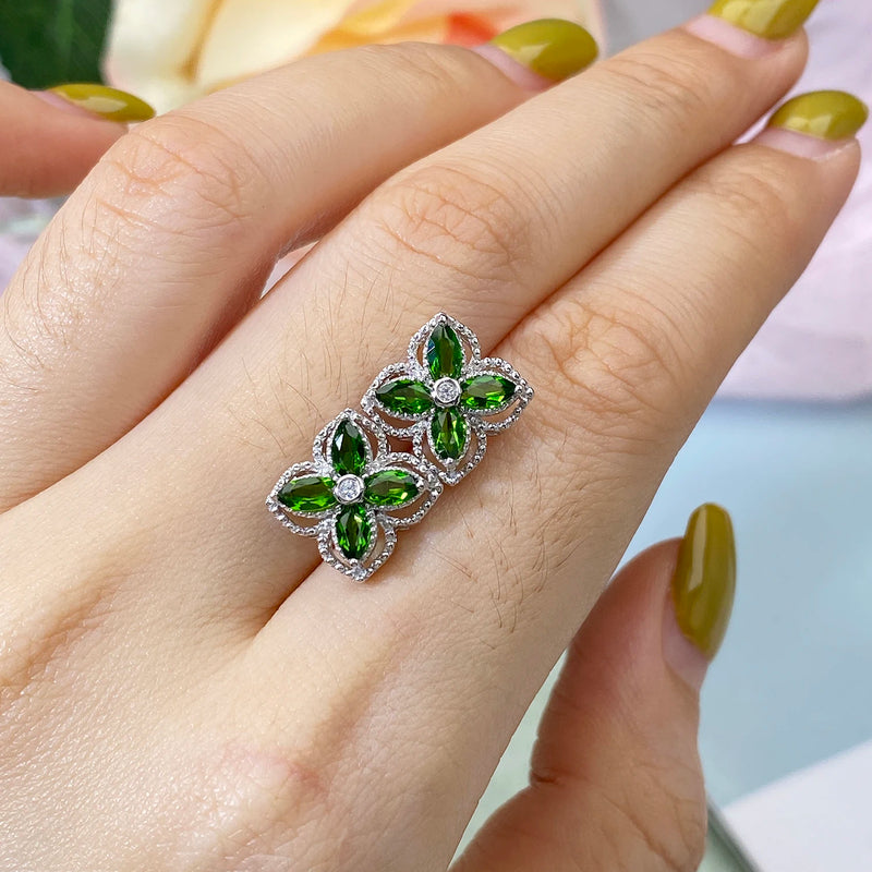 925 Silver Natural Mariquesa Diopside Stud Earrings with Four Leaf Clover Flower Design for Women