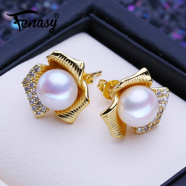 Gold Color Cultured Freshwater Pearl Heart Stud Earrings for Women