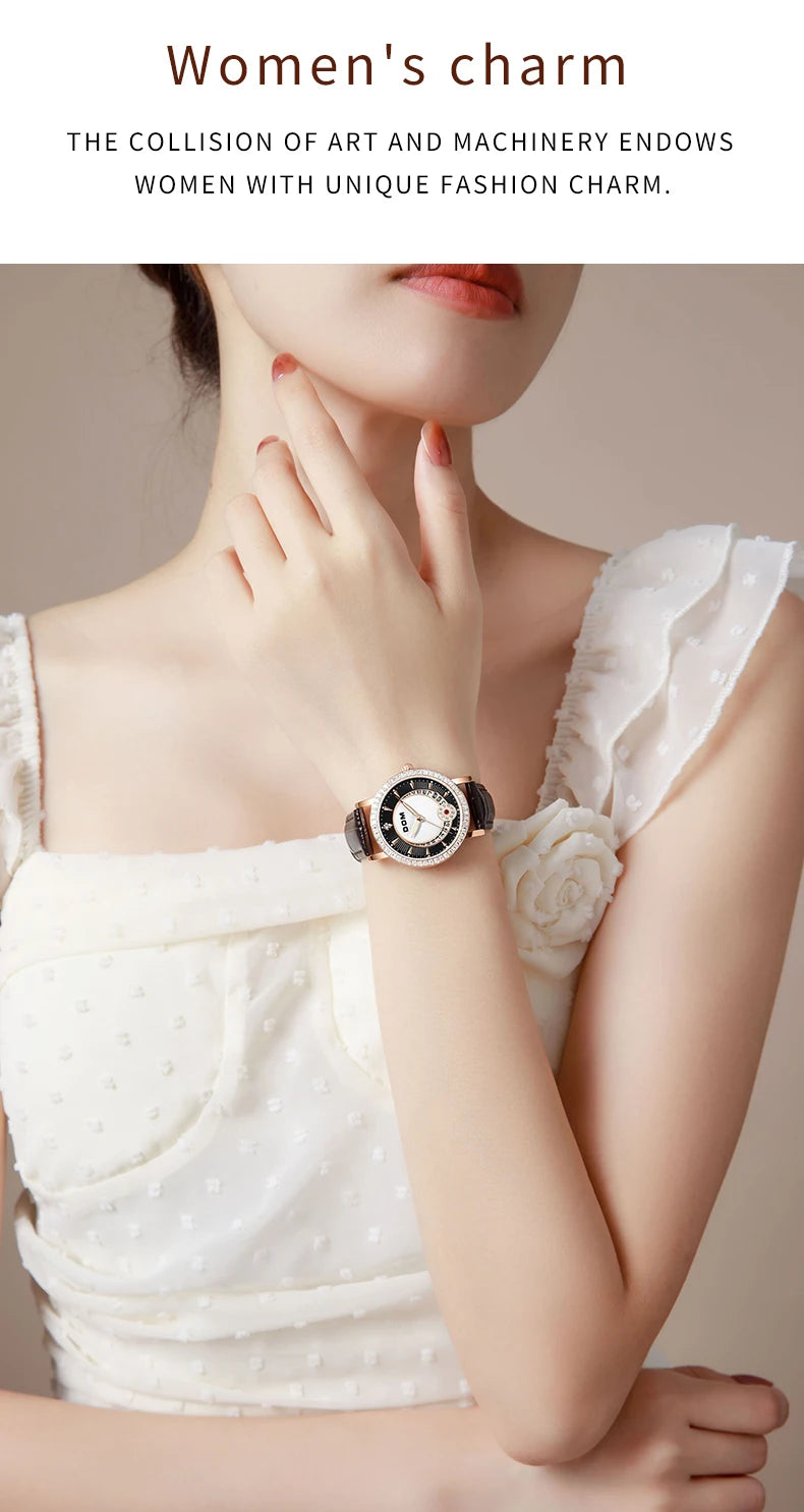 Black Diamond Quartz Leather Watch for Women