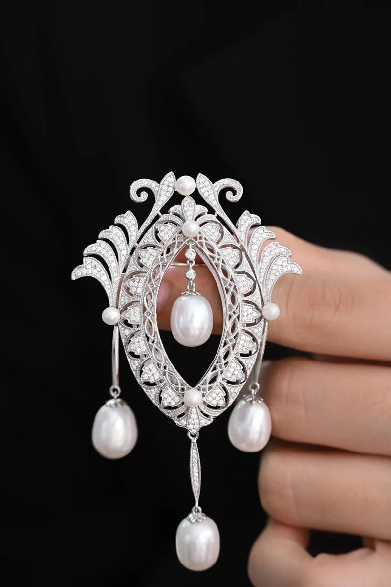 925 Sterling Silver Freshwater Pearl White Sapphire Diamond Brooches for Engagement