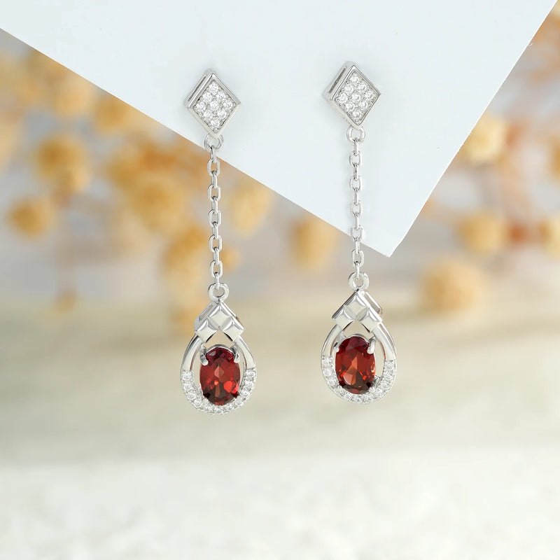 925 Sterling Silver Natural Red Garnet Drop Earrings for Women