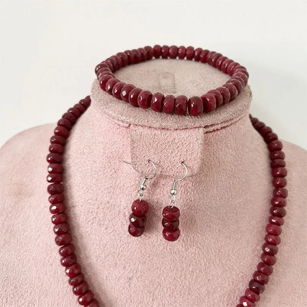 Sterling Silver Deep Red Ruby Jewelry Set Neckalce Earrings Bracelet for Women