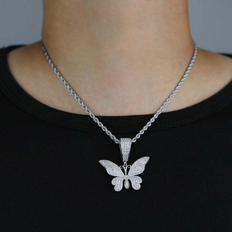 Gold or Silver Butterfly Pendant Necklace with Cubic Zircon, Iced Out, for Men or Women