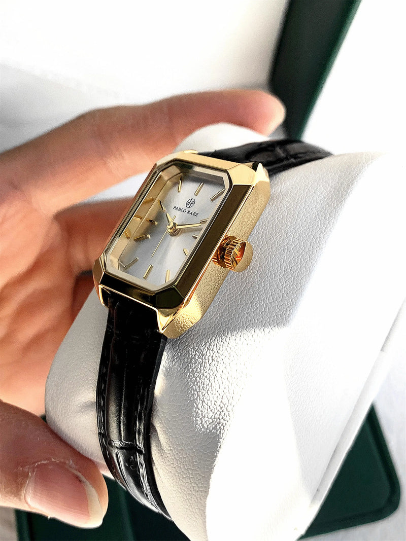 Luxury Women's Square Gold Wristwatch with Leather Band - Fashionable Quartz Clock.