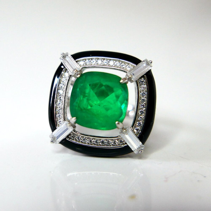 925 Sterling Silver Black Enamel Cushion Created Emerald Ring for Women