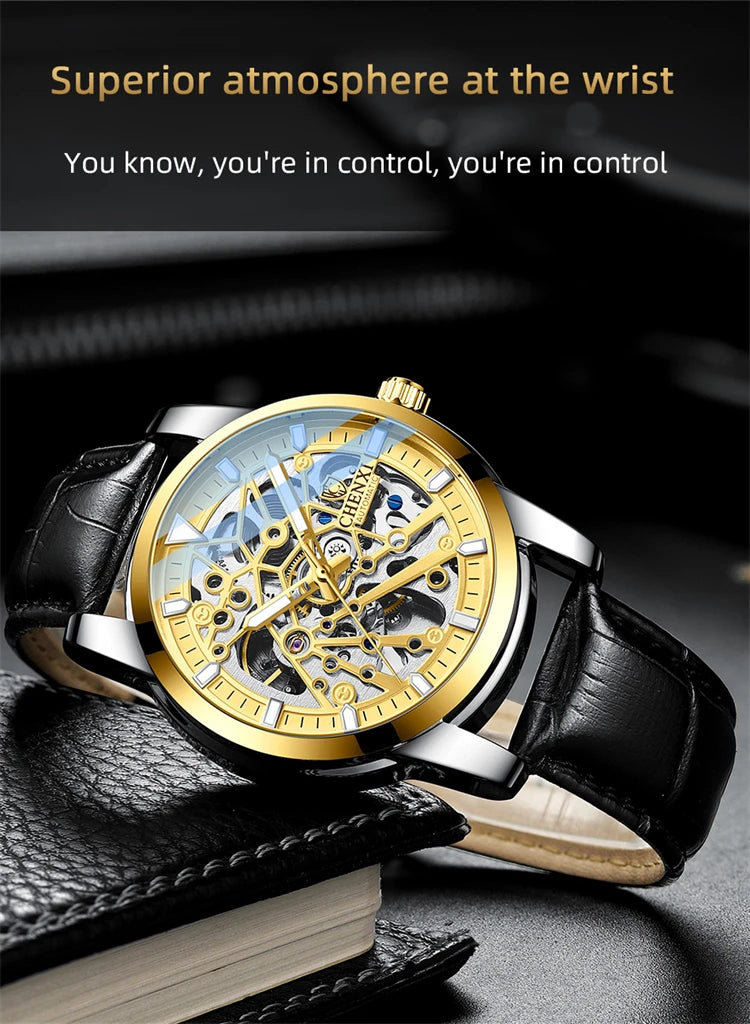 Stainless Steel Leather Strap Automatic Mechanical Watch for Men