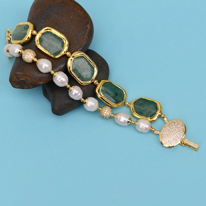 Sterling Silver Green Strawberry Quartz Bracelet 2 Rows with Gold Pear Edge Accents. for Women