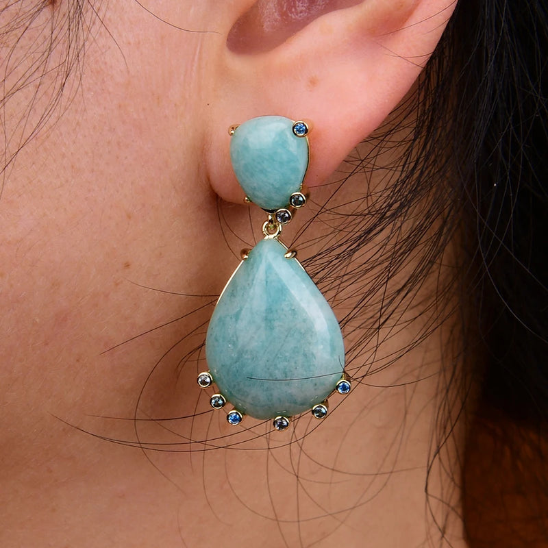 Gold Plated Amazonite Teardrop Dangle Earrings for Women