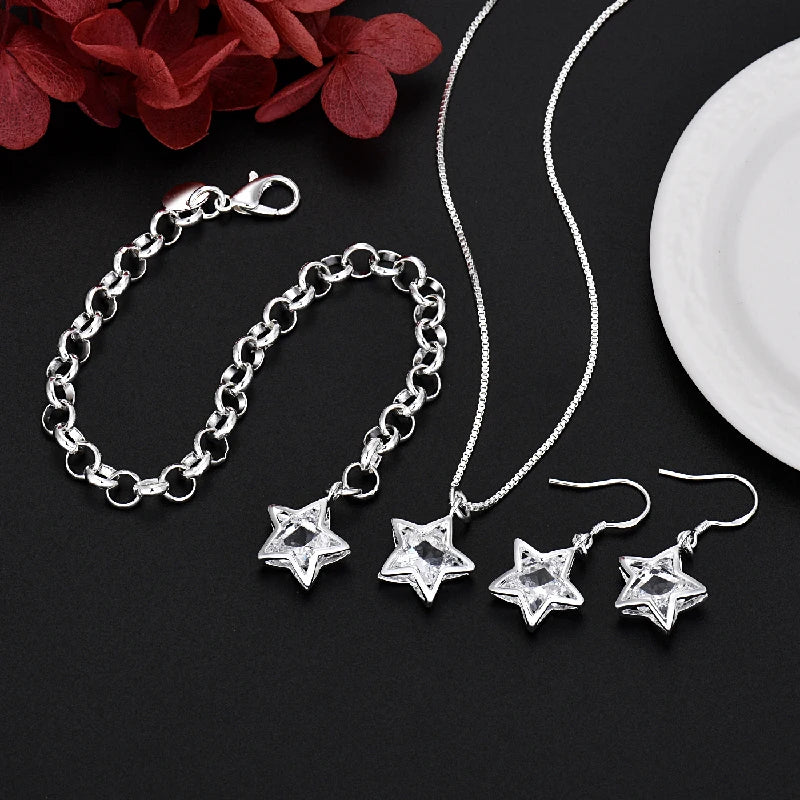 Sterling Silver Crystal Star Necklace Earring Bracelet Set for Women