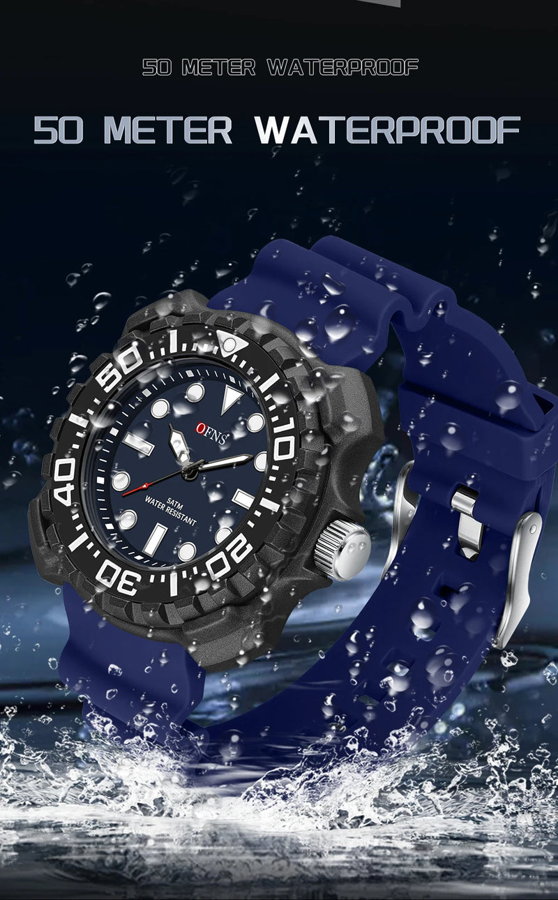 Quartz Silicone Strap 50M Waterproof Sport Watch for Men