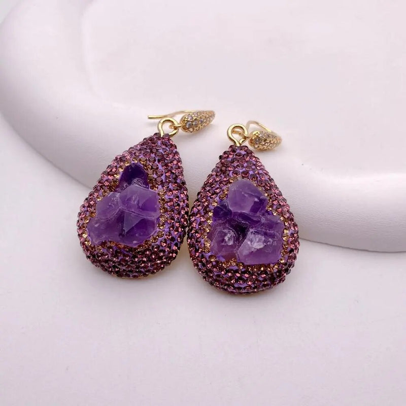 Sterling Silver Amethyst Rough Pave Dangle Earrings for Women