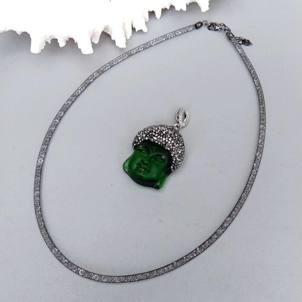 Y.YING Green Quartz Carved Buddha Pendant Black Rhinestone Pave Choker Necklace Jewelry Gift