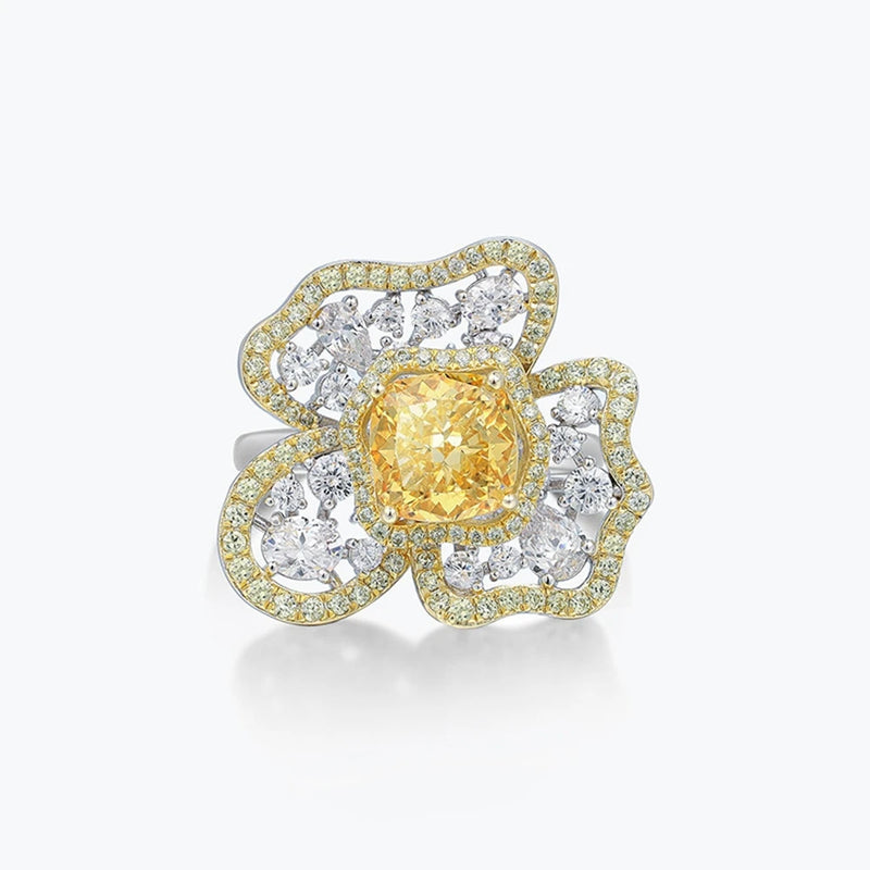 925 Sterling Silver Citrine High Carbon Diamond Gems Sparkling Flower Ring for Women