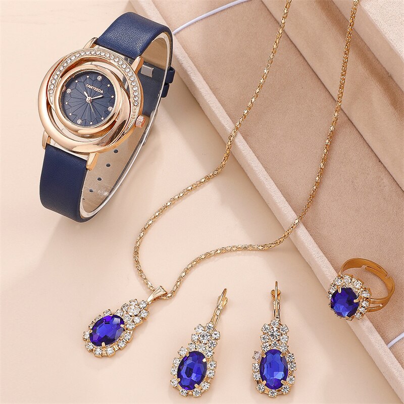 Gold Plated Rhinestone Watch Ring Necklace Earring Set for Women