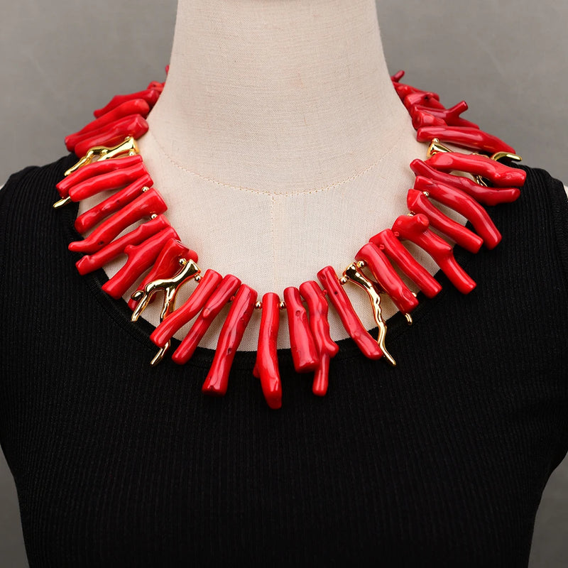 Gold Filled Natural Red Coral Branch Pendant Necklace for Women