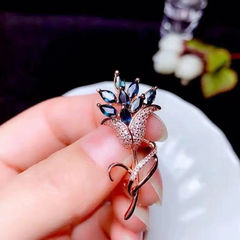 925 Sterling Silver Natural Sapphire Flower Brooch Pins for Women