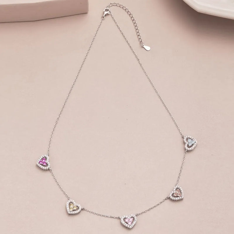 Silver Rainbow Heart Pendant Necklace with 5A Zircon for Women