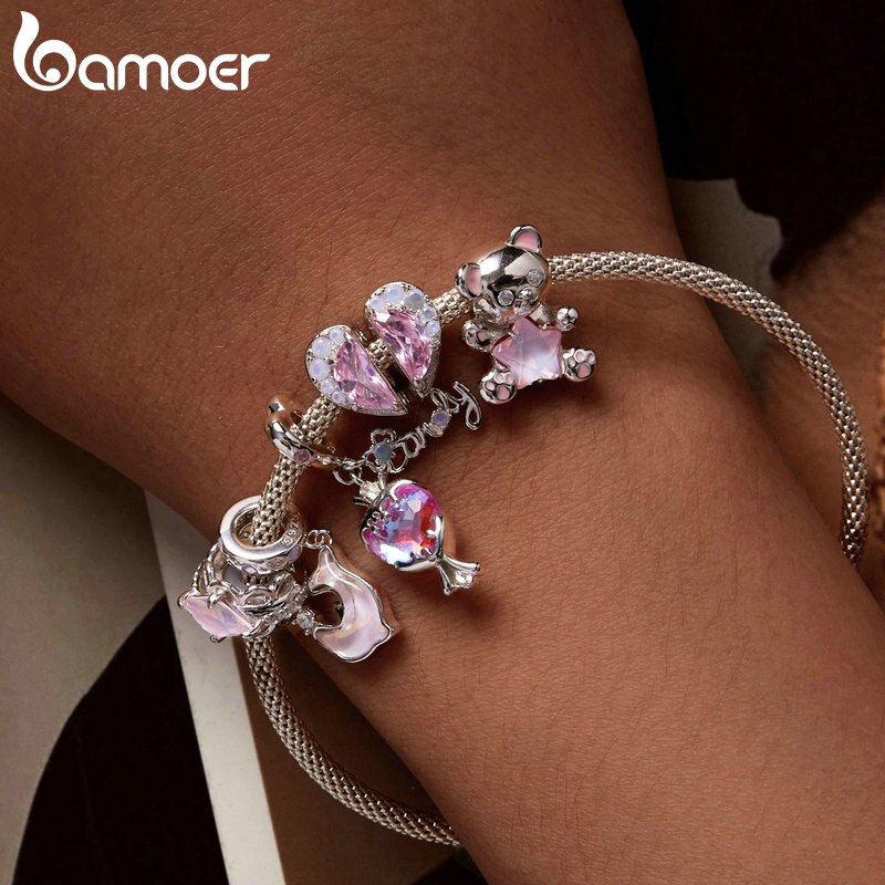 Sterling Silver Pink Star Bear Heart Charms Beads for Women Bracelet & Bangle