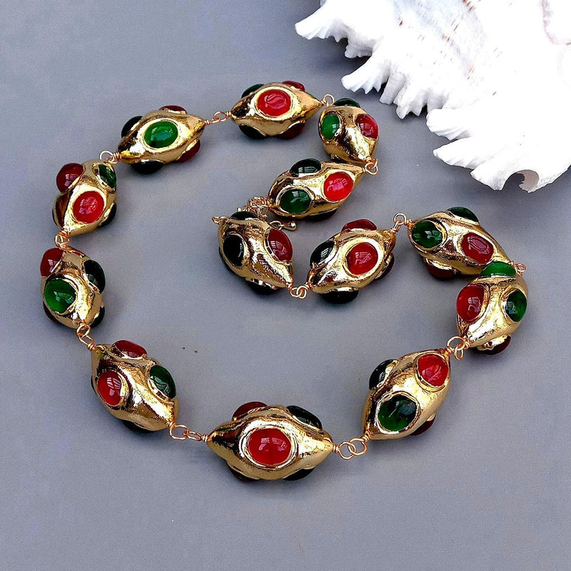 Y.YING Green Red Agate Yellow Gold Plated Olivary Shape Necklace Jewelry Gifts