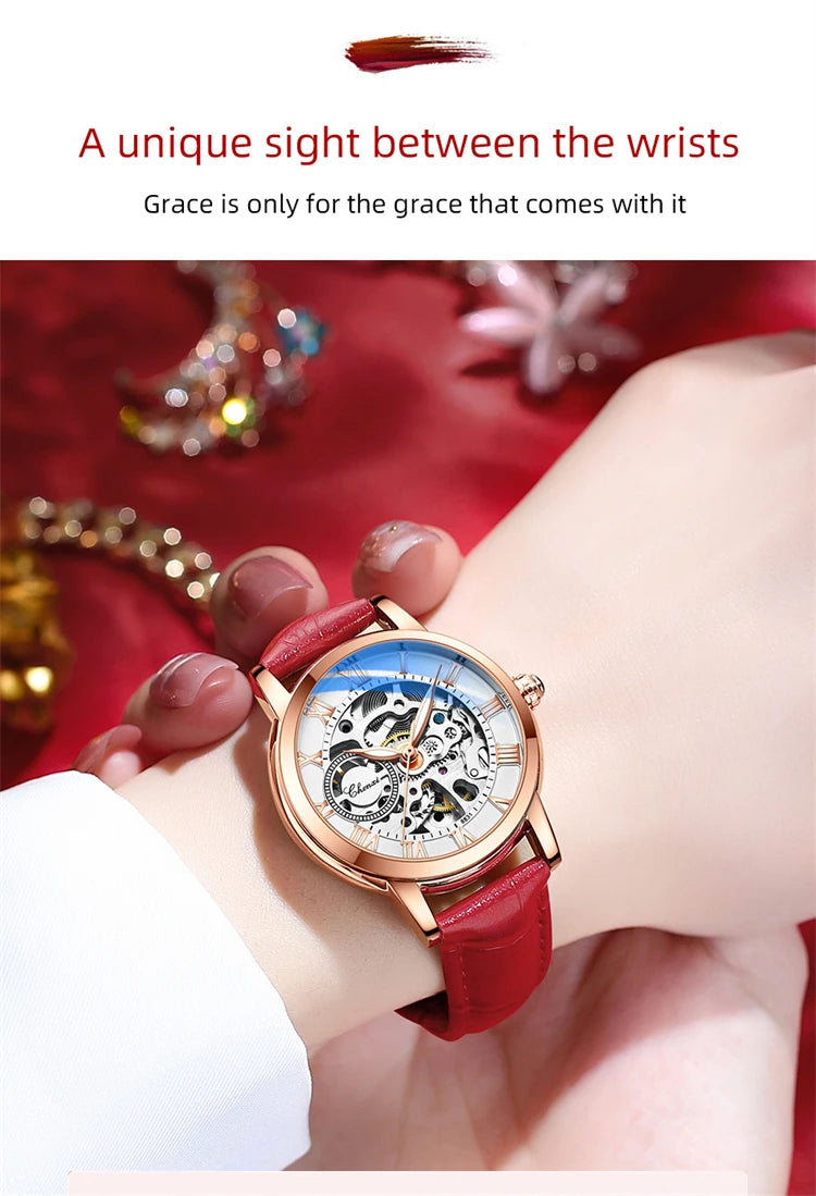 Leather Waterproof Automatic Hollowed Vibrato Watch for Women