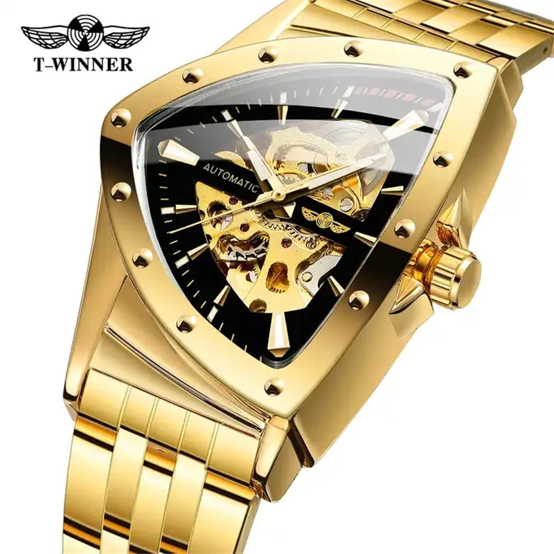 Golden Stainless Steel Skeleton Wrist Watch for Men