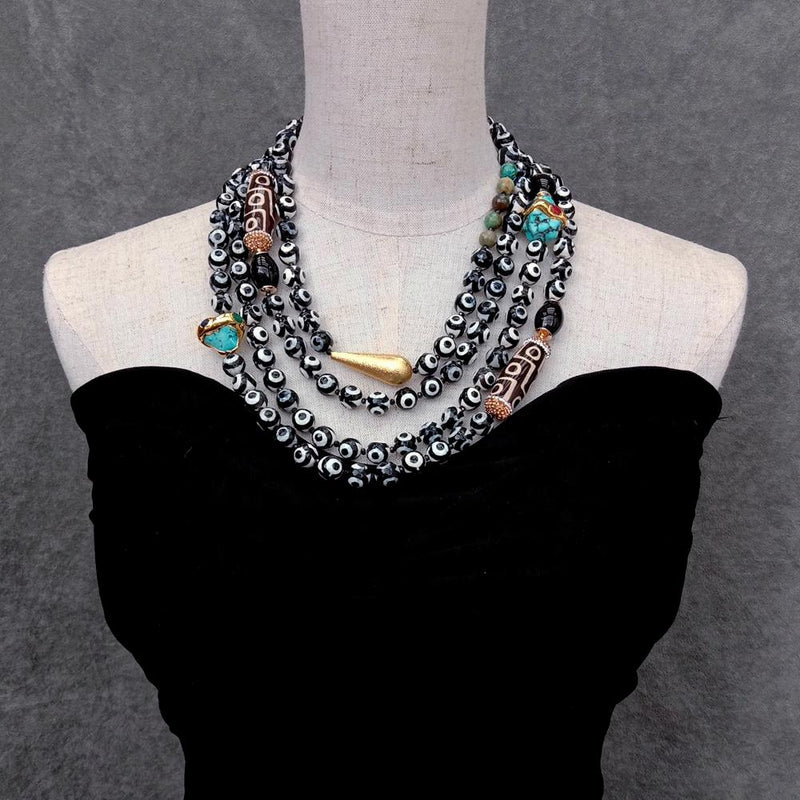 Y.YING 4 Rows Dzi Agate Turquoise Gemstone Necklace Multi Strands Choker Statement Necklace