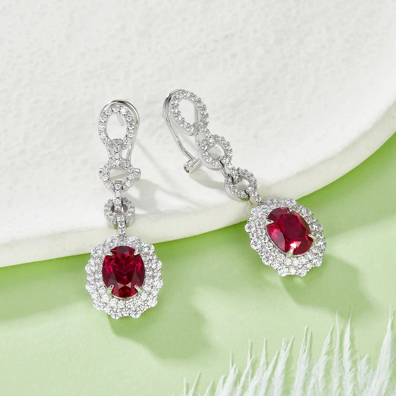 925 Sterling Silver Oval Cut Sapphire & Ruby Diamond Drop Earrings for Women