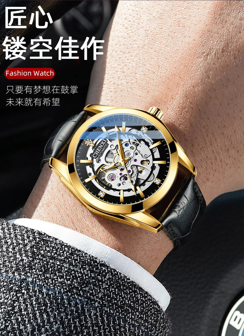 Stainless Steel Leather Strap Automatic Skeleton Luminous Waterproof Watch for Men