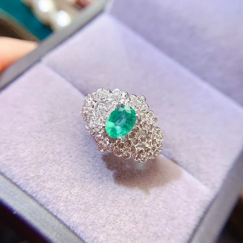 S925 Sterling Silver Natural Emerald Flower Ring for Women