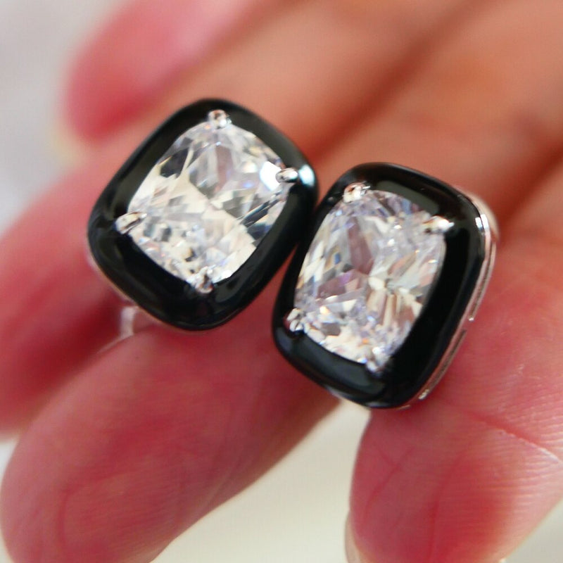 925 Sterling Silver Cushion Cut White Diamond and Black Enamel Clip Earrings for Women