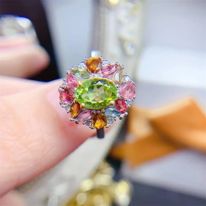 Sterling Silver Peridot Tourmaline Ring for Women