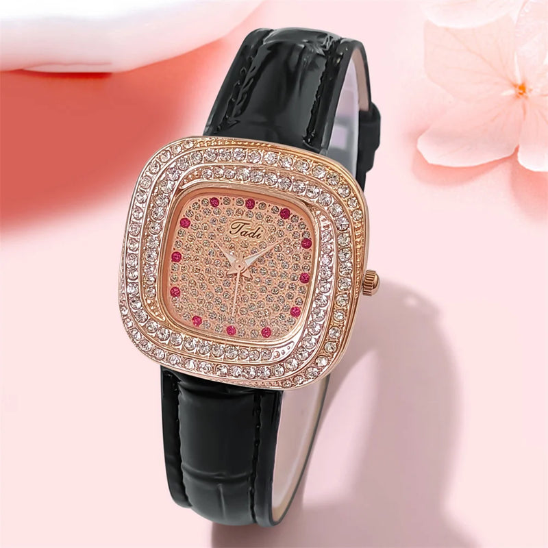 Stainless Steel Full Star Diamonds Square Quartz Watch for Women