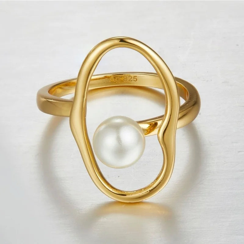 Sterling Silver Gold Plated Shell Pearl Ring for Women