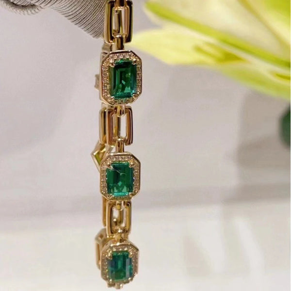 18K Gold Plated Sterling Silver Emerald Diamond Bangle Bracelet for Women