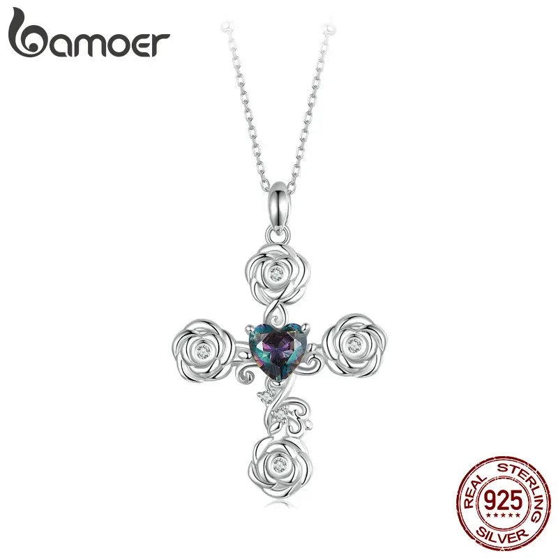 Sterling Silver Cross Pendant Necklace with Rose Pattern for Women