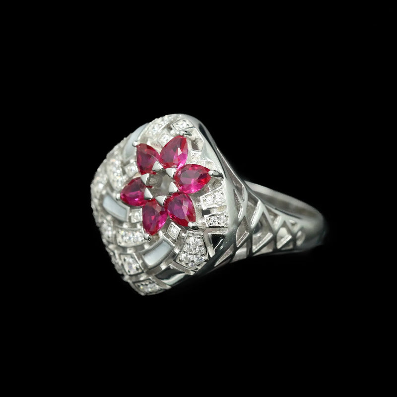 Sterling Silver Lab Sapphire Ruby High Carbon Diamonds Gemstone Flower Rings