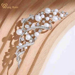 925 Sterling Silver Freshwater Pearl, Sapphire, Diamond Leaves Brooches for Engagement