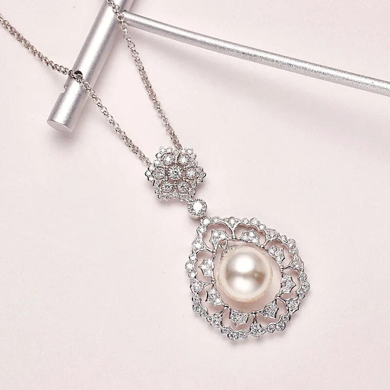 Sterling Silver White Gold Plated White Shell Pearl Pendant Necklace for Women