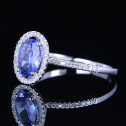 10k White Gold Oval Tanzanite Solid Ring with Diamonds for Women