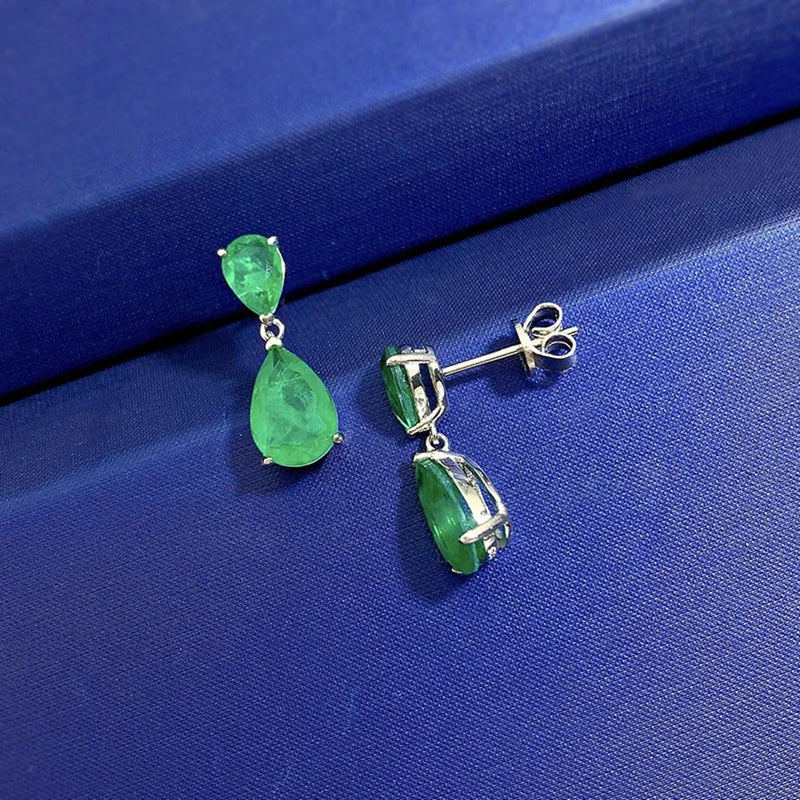 925 Sterling Silver Pear Cut Emerald Dangle Drop Earrings for Women