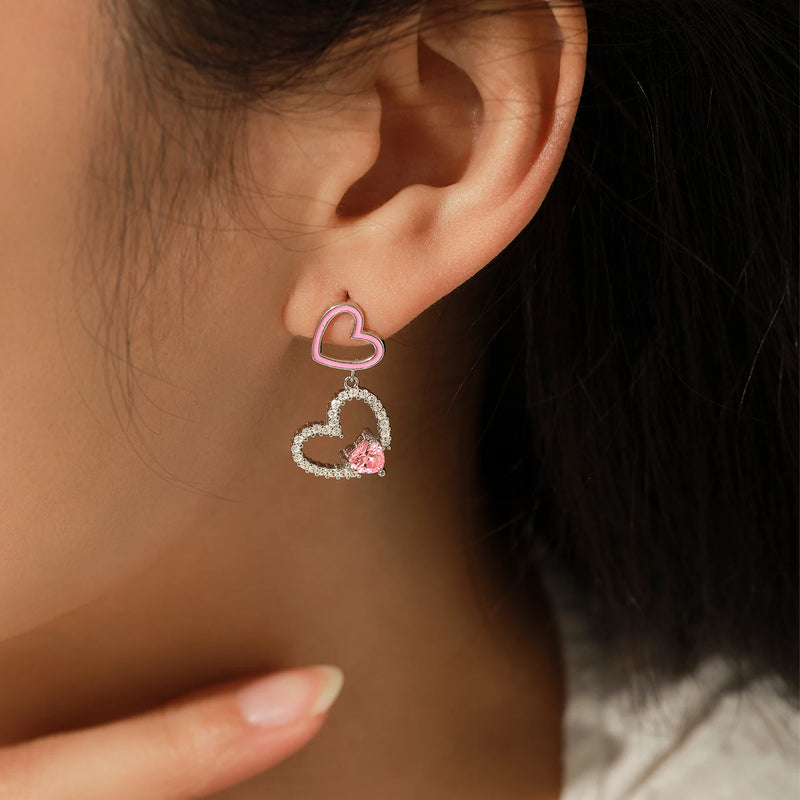 Sterling Silver Pink CZ Enamel Heart Dangle Earrings for Women