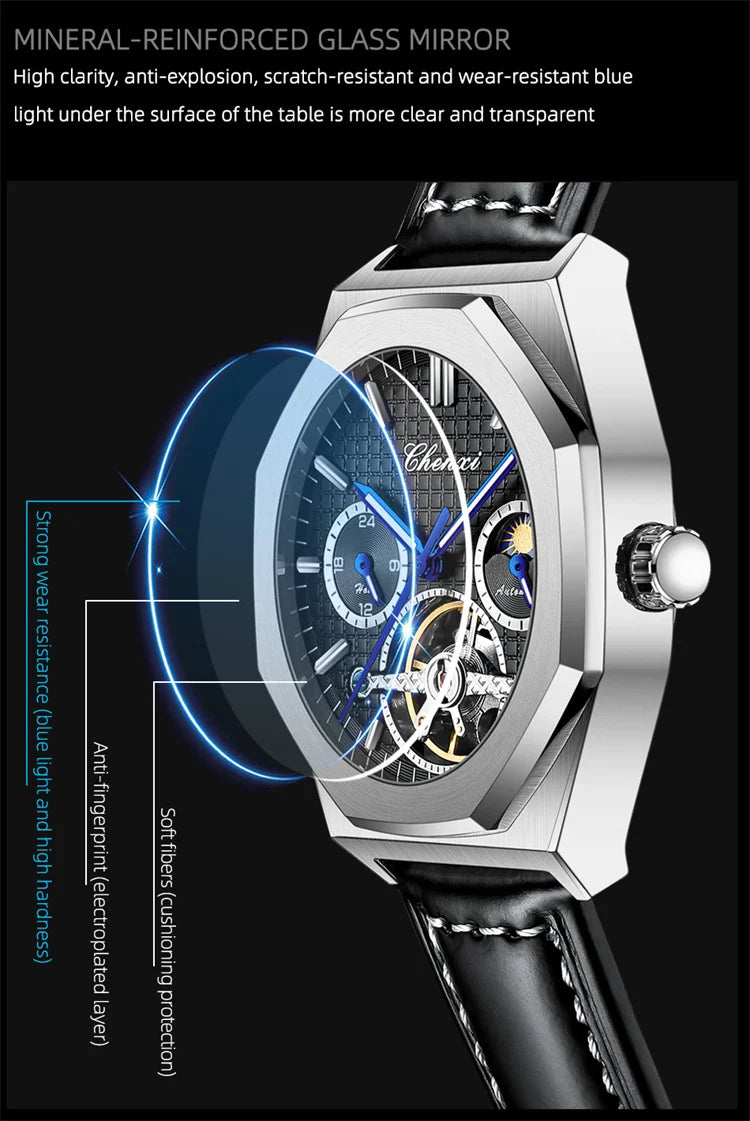 Stainless Steel Sun Moon and Stars Luminous Mechanical Watch for Men