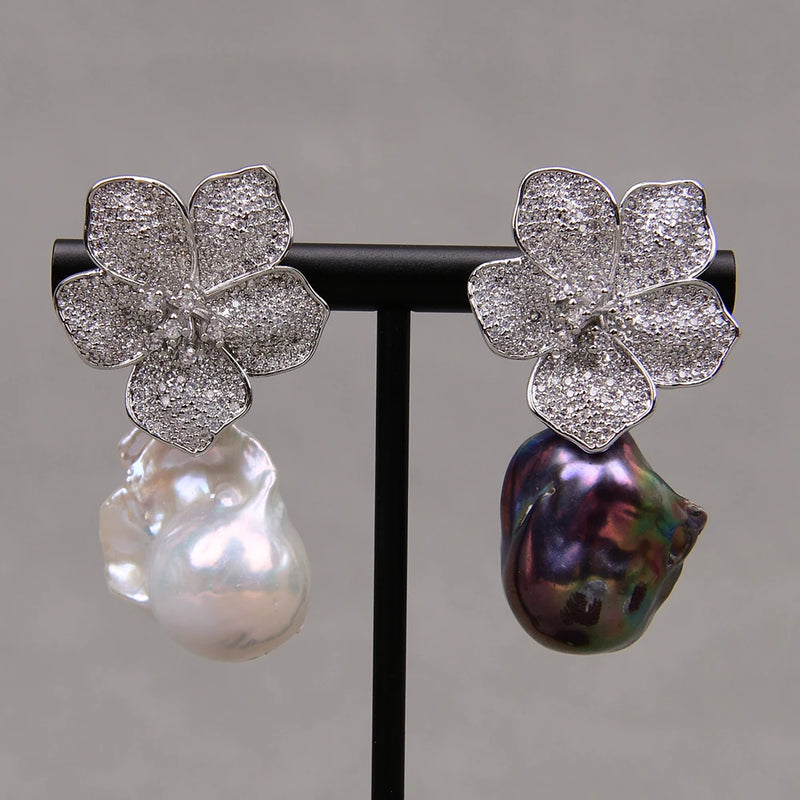 Gold Plated White Baroque Keshi Pearls & Zircon Flower Stud Earrings for Women