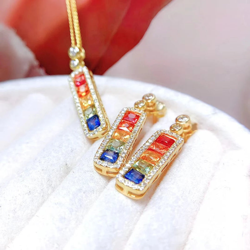 Sterling Silver or Gold Plated Sapphire Fashion Jewelry Set Pendant Earrings for Women