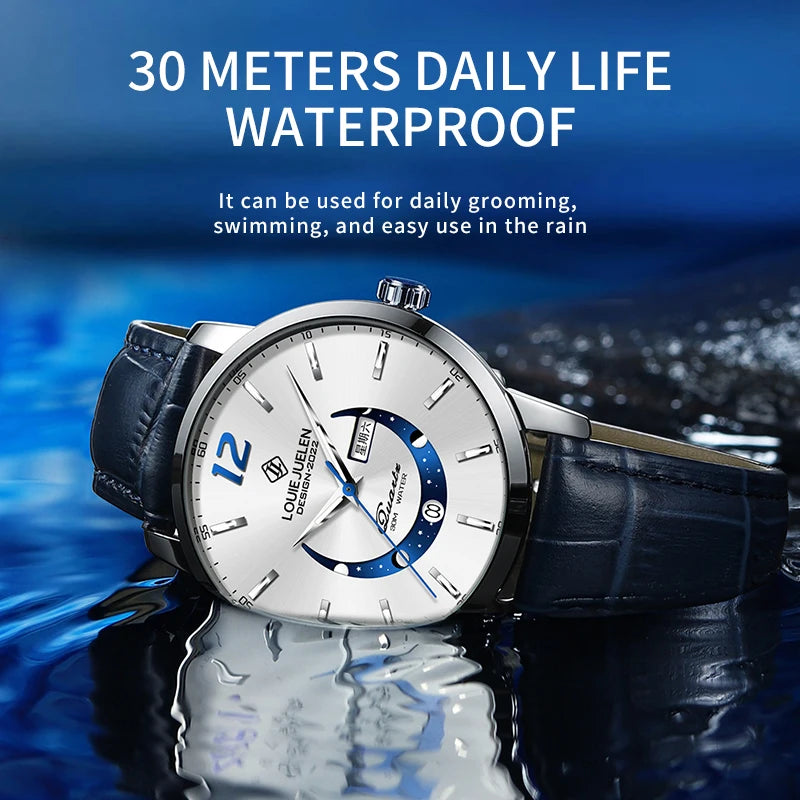 Leather Quartz Sports Watch, Waterproof for Men