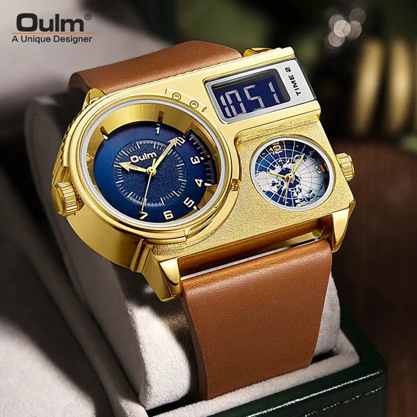 Luxury Dual Display Two Time Zone Quartz Watch for Men's Big Wrist with Genuine Leather Band