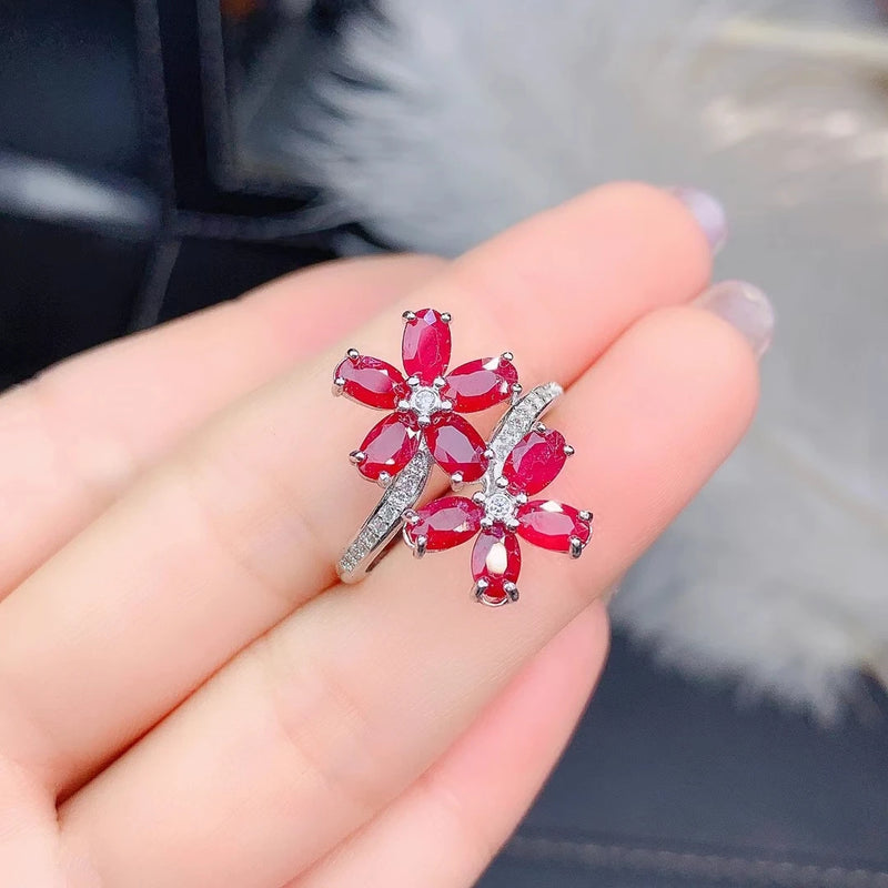 925 Sterling Silver Natural Ruby Double Flower Ring for Women