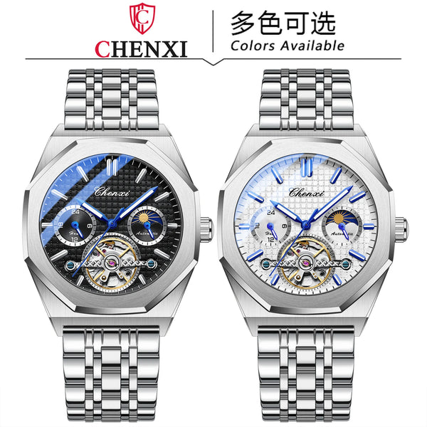 Stainless Steel Sun Moon and Stars Luminous Mechanical Watch for Men