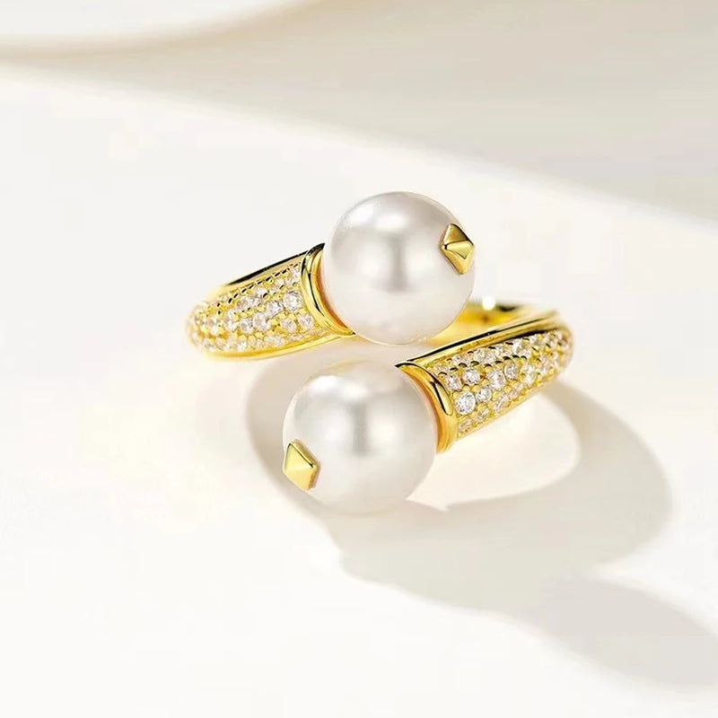 18K Gold Plated 925 Sterling Silver Pearl High Carbon Diamond Gems Vintage Ring